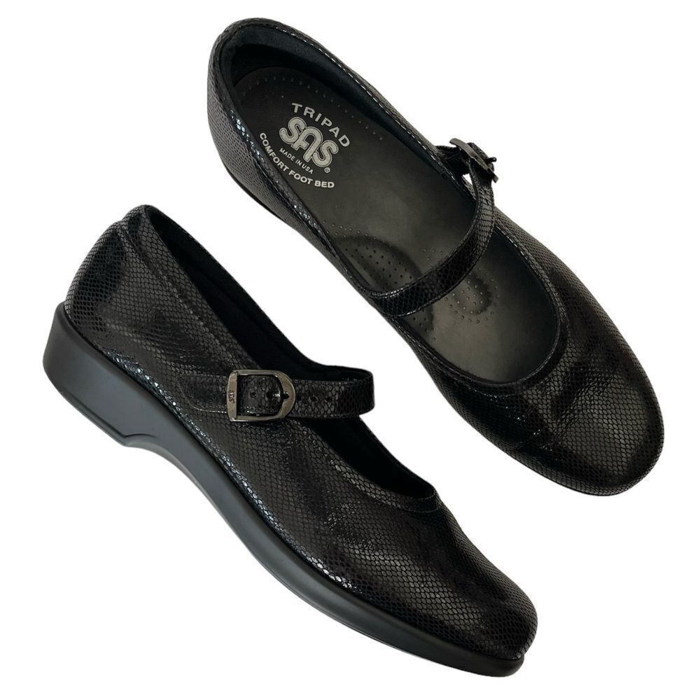 SAS Tripad Maria Mary Jane Shoe Black Snake Pattern Reptile Made in USA 8.5 N